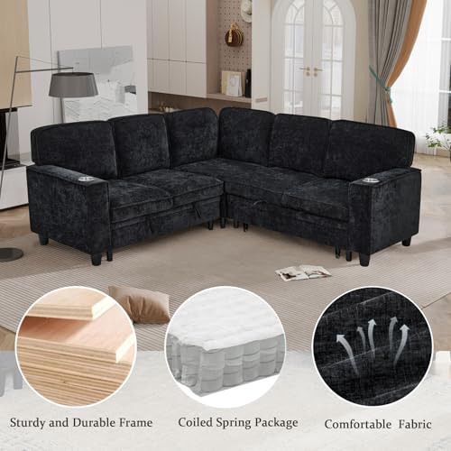 L-Shaped Pull Out Sleep Sofabed with Storage Chaise, Chenille Upholstered X30892