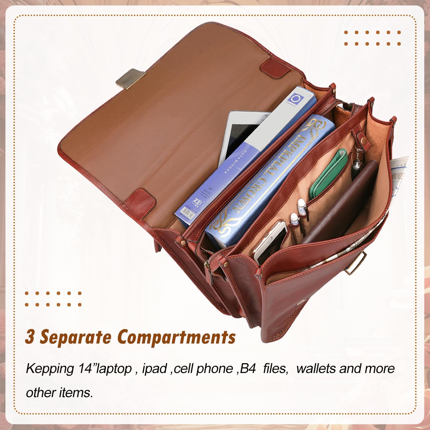 Banuce Vintage Genuine Full Grain Italian Leather Briefcase for Men with Lock 14 Inch Laptop Bag Brown B507453