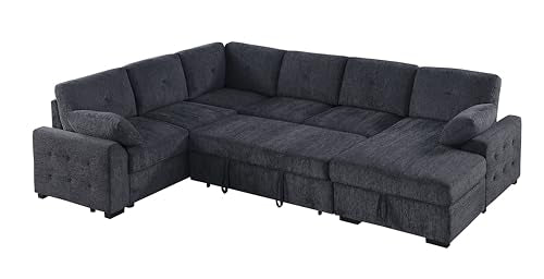 L-Shaped Pull Out Sleep Sofabed with Storage Chaise, Chenille Upholstered X30892