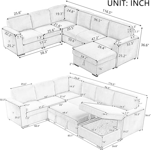 L-Shaped Pull Out Sleep Sofabed with Storage Chaise, Chenille Upholstered X30892