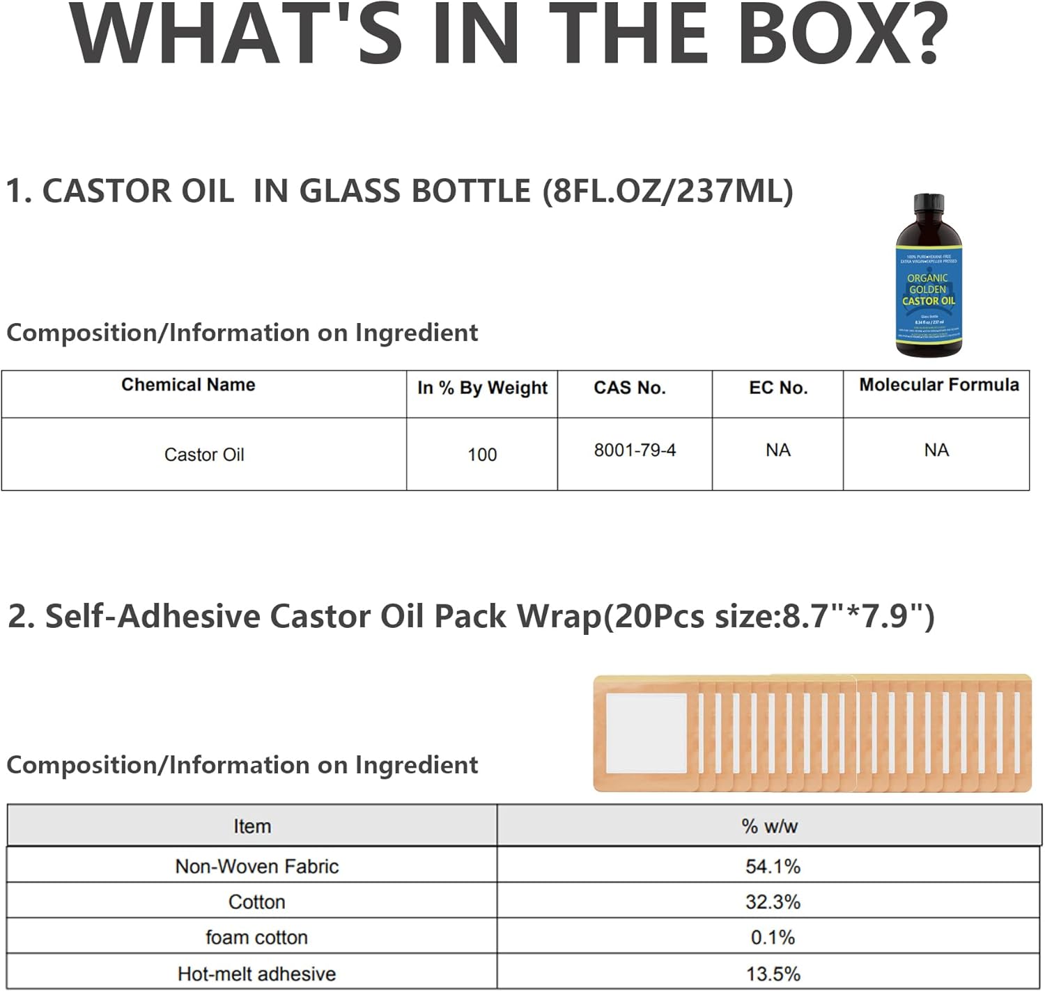 Castor Oil Pack for Liver Kit, Organic Cold Pressed Unrefined, Glass Bottle 8fl oz, 20 Self-Adhesive Wraps O20290