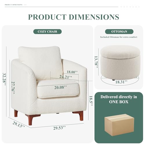 COLAMY Sherpa Accent Chair with Storage Ottoman Set, Cream E290651