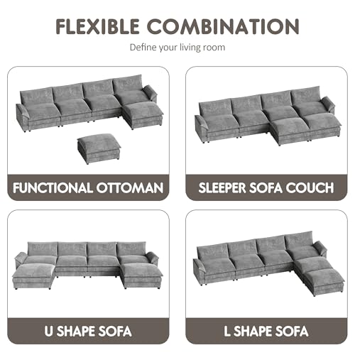 Homall 119" Modular Sectional Sofa with Reversible Ottoman, Light Grey V97154