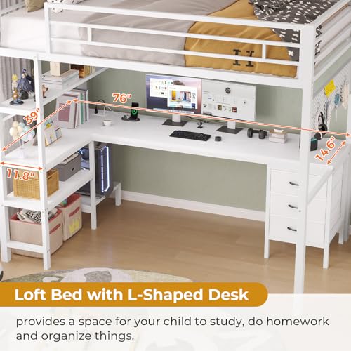 ADORNEVE Twin Size Metal Loft Bed with L-Shaped Desk, LED Lights, Charging Station S614727