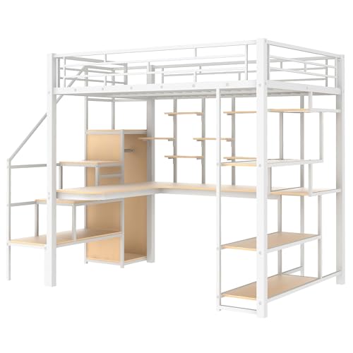 Full Size Loft Bed with Desk & Stairs, Heavy Duty Metal, Black E948