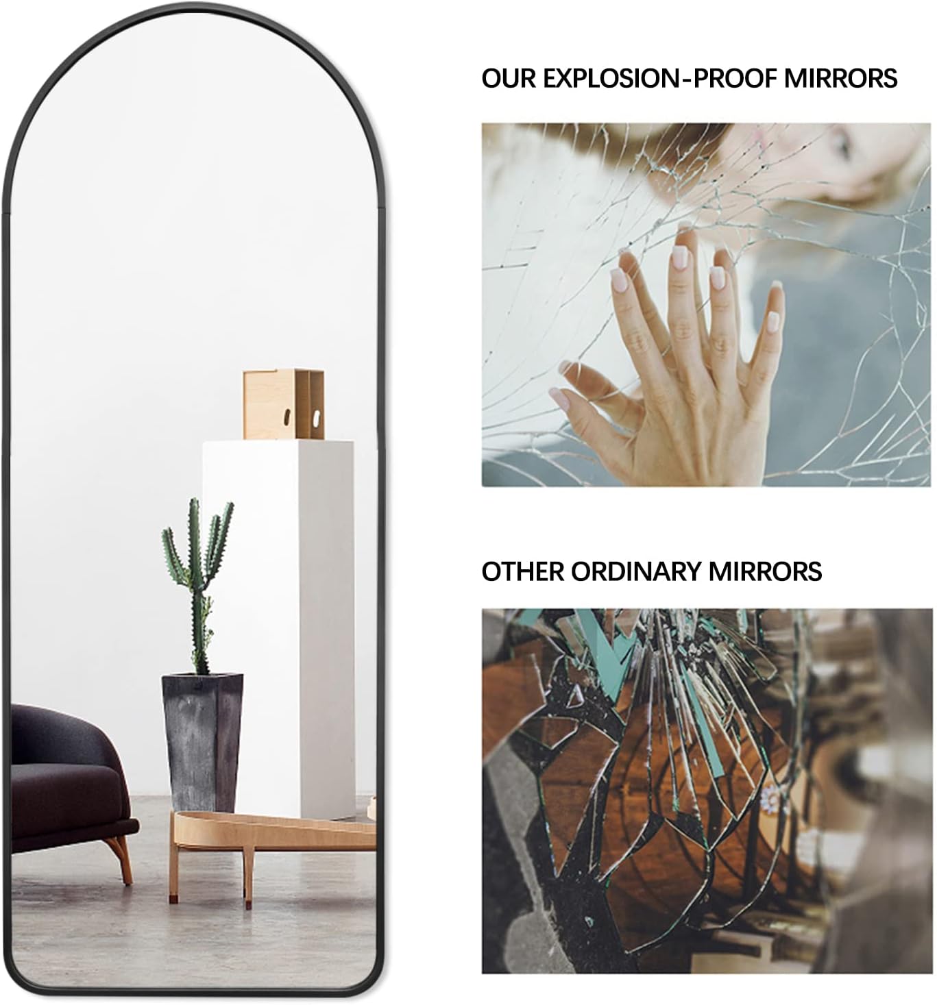Arched Full Length Mirror with Stand, Wall Mounted, Black M31384