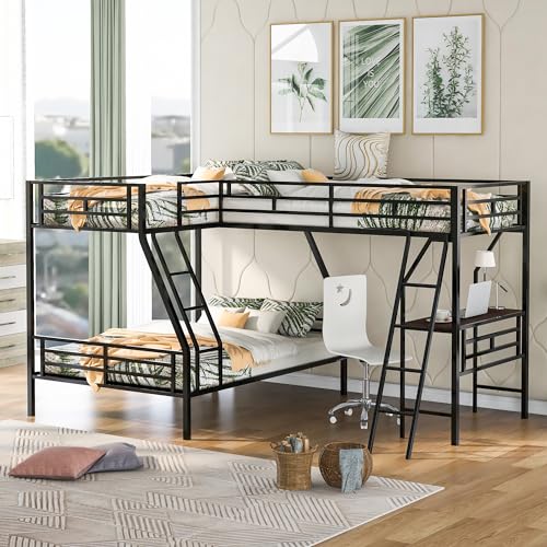SOFTSEA Heavy Duty Metal Triple Bunk Bed with Desk, Twin Over Full, Black U92410