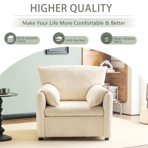 Corduroy Single Sofa Chair with Side Pocket, Beige O582
