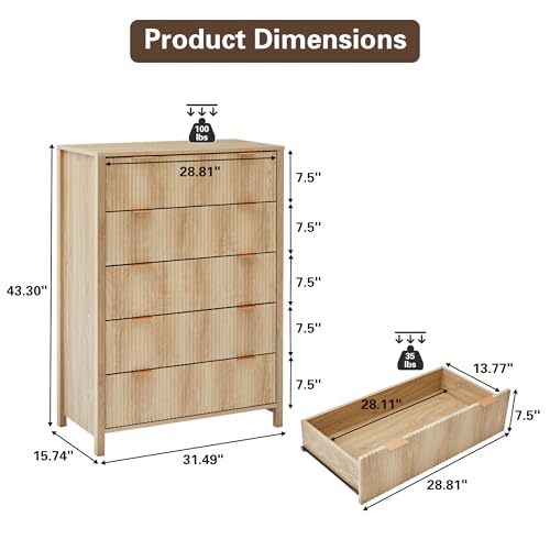 Fluted 5 Drawers Dresser for Bedroom, Wooden Tall Storage, Walnut L1075