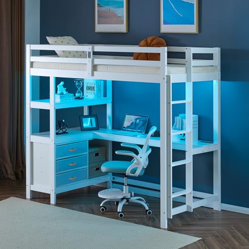 VINGLI Twin Loft Bed with L-Shaped Desk, 3 Storage Drawers, Solid Wood, White W24917