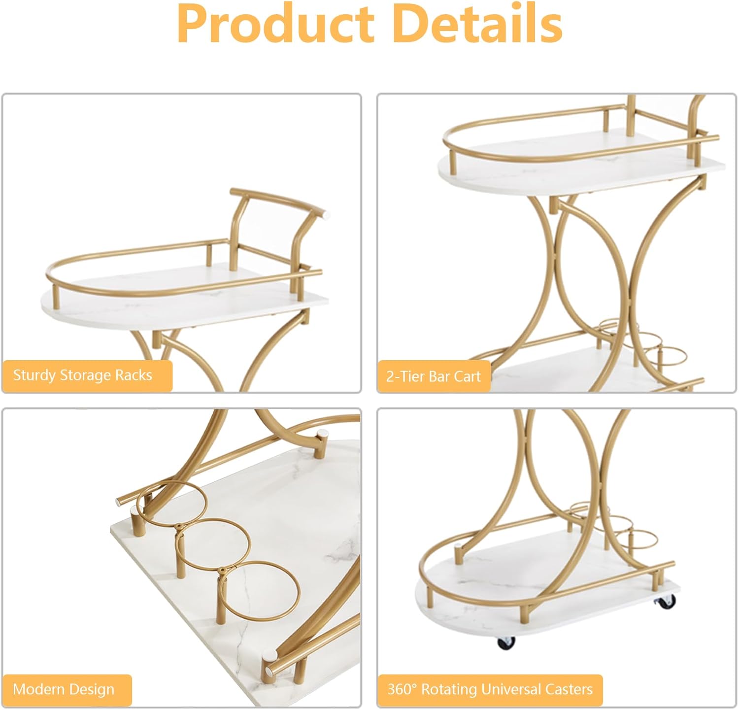 2-Tier Rolling Bar Cart with Wine Rack and Glass Holder, Gold K4336