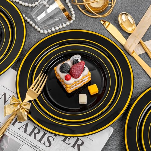 bUCLA 300PCS Gold Disposable Dinnerware Set - White and Gold Plastic Plates for Party S185