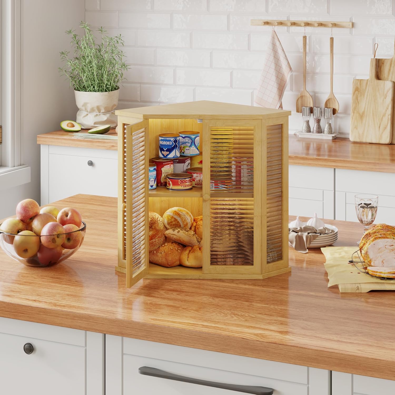 Extra Large Corner Bread Box for Kitchen Countertop, 16.5 inch Bamboo with Glass Door L75900