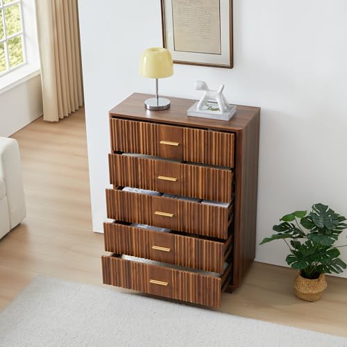 Fluted 5 Drawers Dresser for Bedroom, Wooden Tall Storage, Walnut L1075