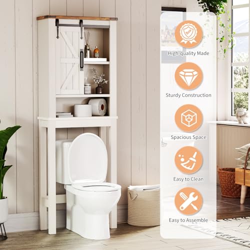 oneinmil Over The Toilet Storage Cabinet, Farmhouse White with Barn Doors B300