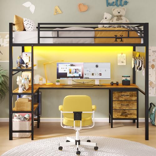 ADORNEVE Twin Size Metal Loft Bed with L-Shaped Desk, LED Lights, Charging Station S614727