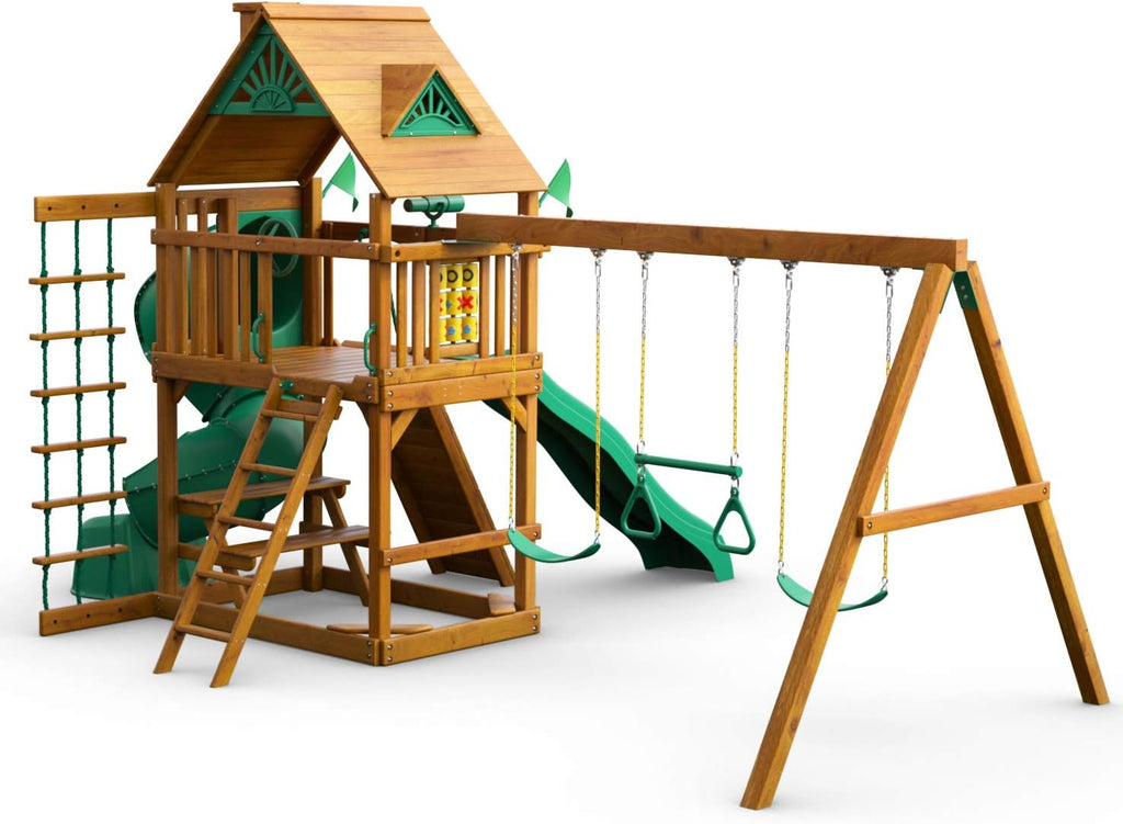 Gorilla Playsets Mountaineer Wooden Swing Set with Two Slides, Brown L164