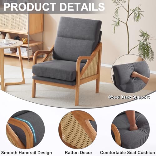Karl home Modern Accent Chair with Rattan Woven Upholstered Lounge and Oak Wood Frame, White W3310