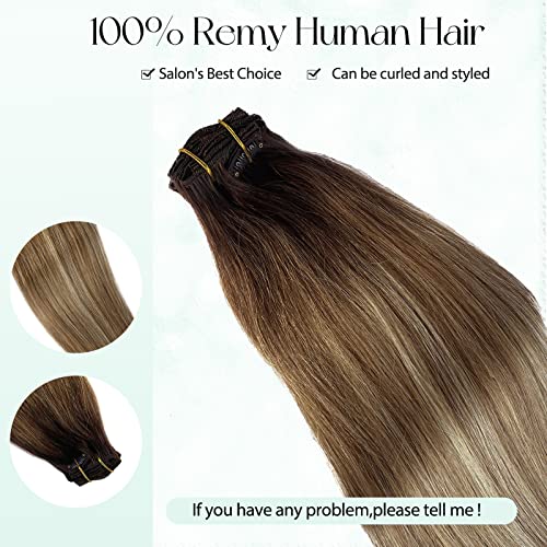 Clip in Hair Extensions 18 Inch Balayage Brown to Ash Brown Remy Human Hair 7pcs P659