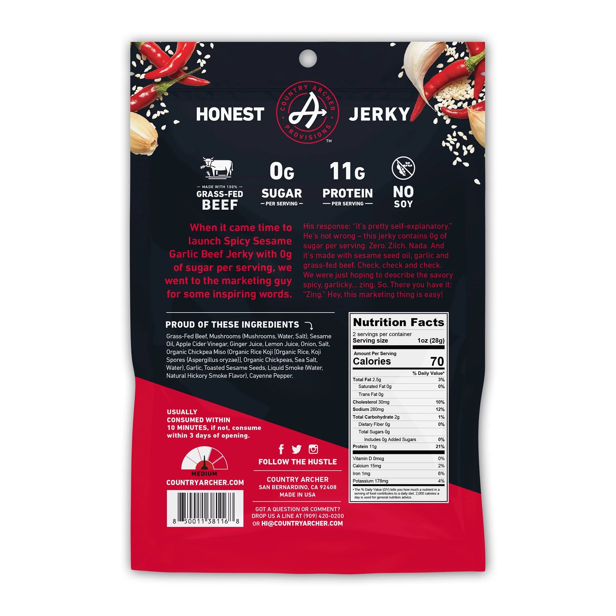 Country Archer Zero Sugar Spicy Sesame Garlic Beef Jerky 2oz 12-Pack F661974