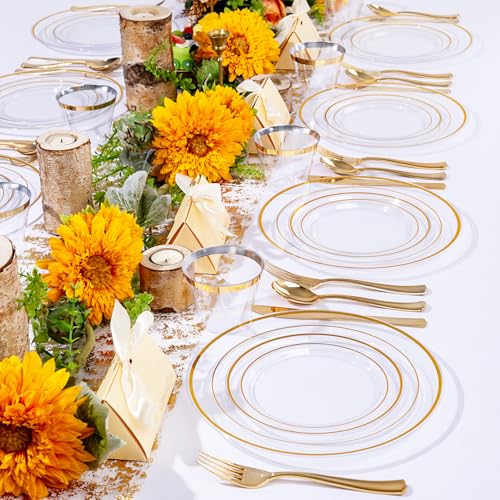 bUCLA 300PCS Gold Disposable Dinnerware Set - White and Gold Plastic Plates for Party S185
