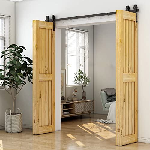 14FT Bi-Folding Sliding Barn Door Hardware Kit for 4 Doors, Black Z9314