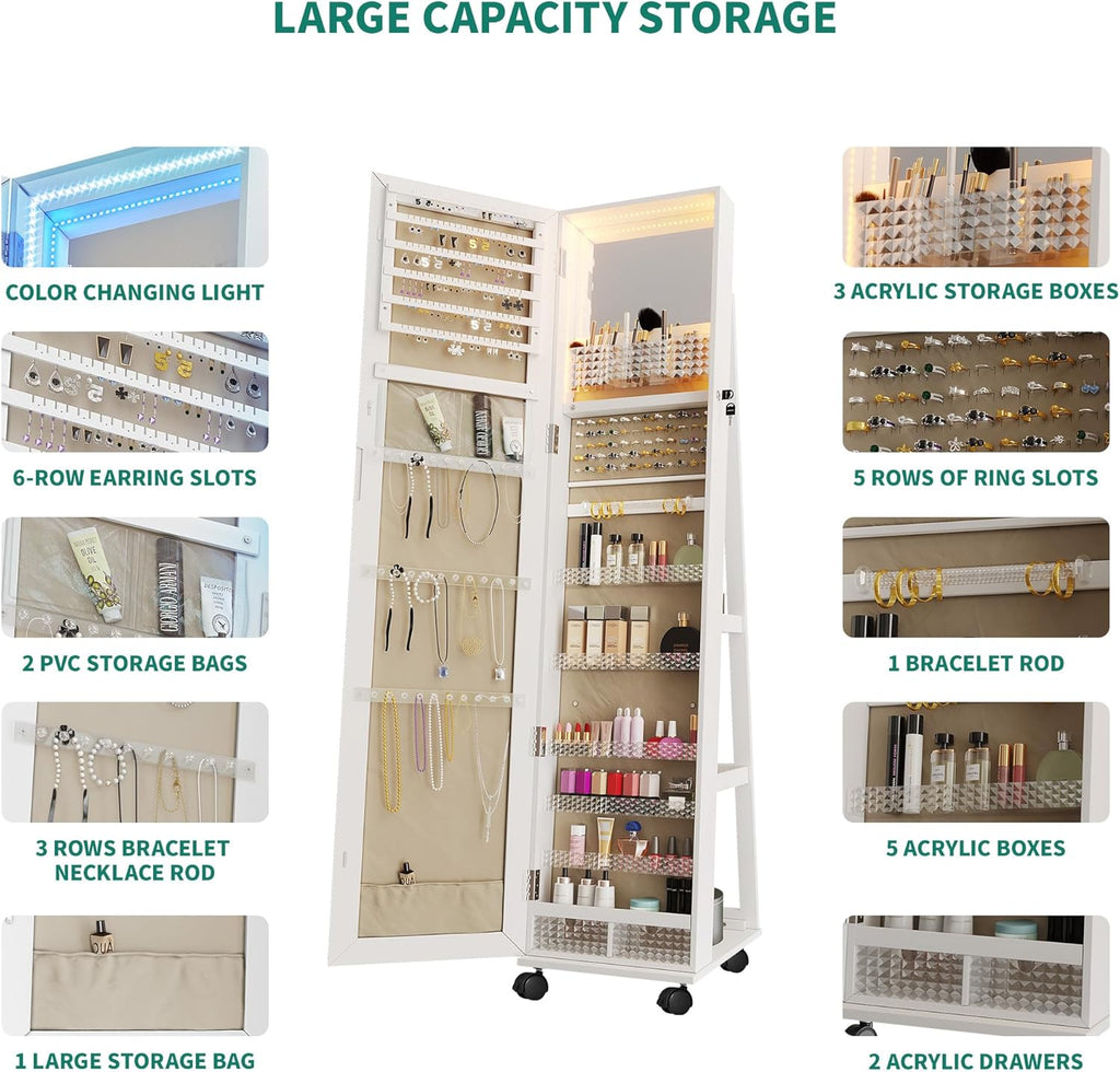 YITAHOME Mirror Jewelry Cabinet with Lights, Lockable Standing Armoire on Wheels, White A411