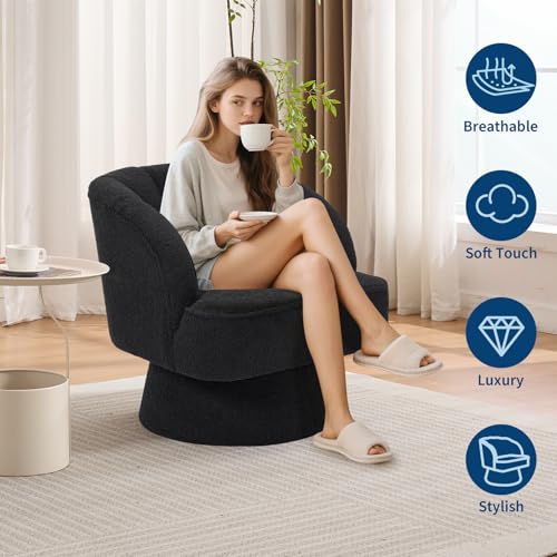 GarveeHome Modern Swivel Barrel Accent Chair, Teddy Fabric Upholstered Armchair, Black W334223