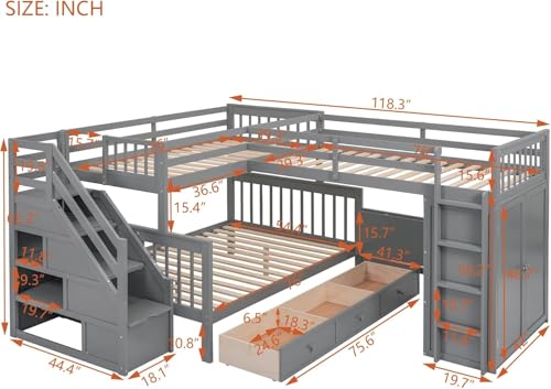 MERITLINE Twin Over Full Triple Bunk Bed with Storage Stairs, Solid Wood, Grey R998