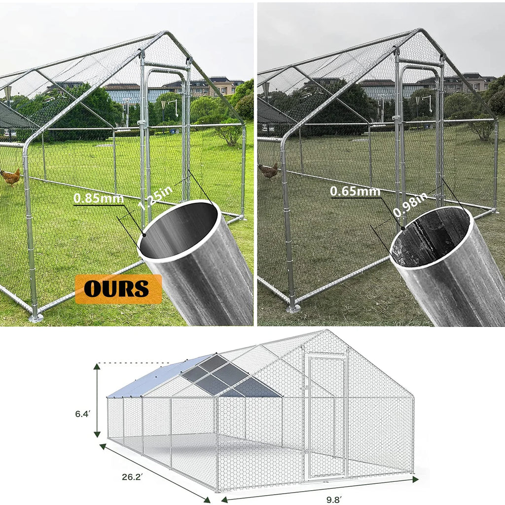 Geeloon Large Chicken Run Coop 10x26ft Metal Walk-in Poultry Cage with Cover P6510