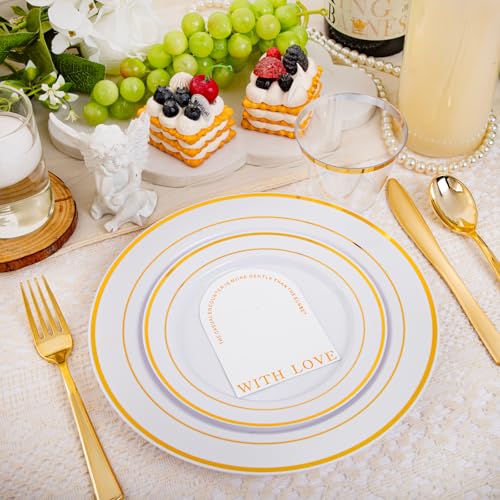 bUCLA 300PCS Gold Disposable Dinnerware Set - White and Gold Plastic Plates for Party S185