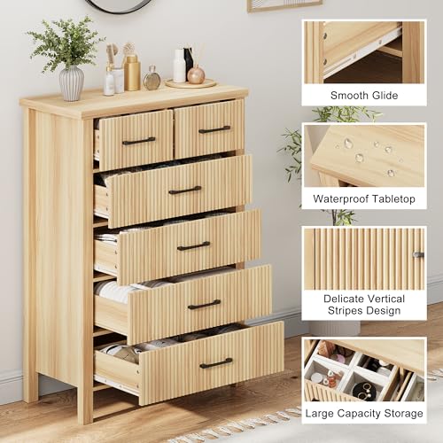 Fluted 6 Drawers Dresser for Bedroom, Tall Boho Chest with Metal Handle, Natural Oak S427