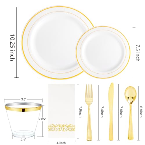 bUCLA 300PCS Gold Disposable Dinnerware Set - White and Gold Plastic Plates for Party S185