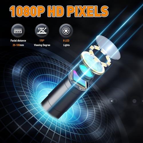 Industrial Borescope Camera 1080P HD with 8 LED Lights, 16.4FT Semi-Rigid Cord T345