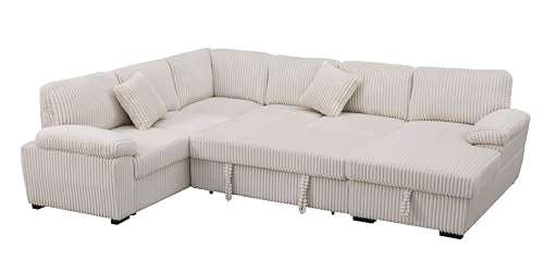 L-Shaped Pull Out Sleep Sofabed with Storage Chaise, Chenille Upholstered X30892