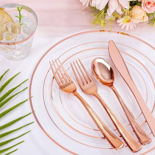 bUCLA 300PCS Gold Disposable Dinnerware Set - White and Gold Plastic Plates for Party S185