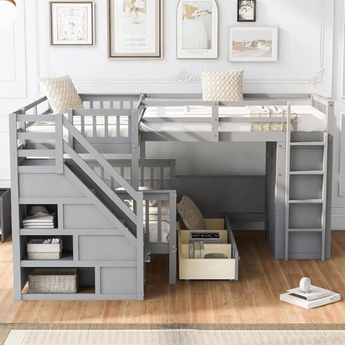 MERITLINE Twin Over Full Triple Bunk Bed with Storage Stairs, Solid Wood, Grey R998