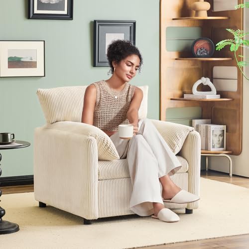 Corduroy Single Sofa Chair with Side Pocket, Beige O582