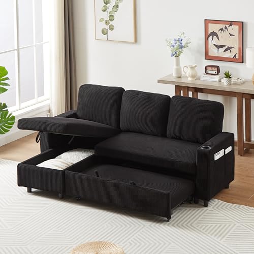L-Shaped Pull Out Sleep Sofabed with Storage Chaise, Chenille Upholstered X30892