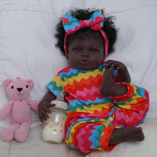BABESIDE Lifelike Reborn Black Girl 18-Inch Realistic Baby Doll with Clothes and Toy B85311