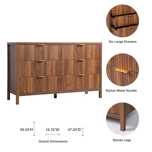 Fluted 5 Drawers Dresser for Bedroom, Wooden Tall Storage, Walnut L1075