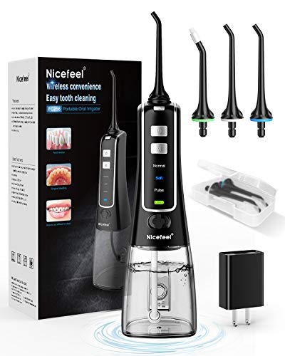 Cordless Water Flosser Teeth Cleaner, Nicefeel 300ML 2 Tip Cases Portable and USB Rechargeable Oral Irrigator for Travel, IPX7 Waterproof, 3-Mode Water Flossing with 4 Jet Tips for Home Blue