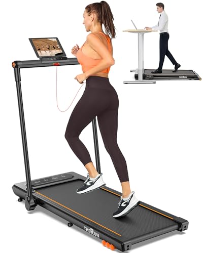 THERUN 2.5HP Treadmill, 2 in 1 Under Desk Walking Pad Treadmill, Electric Compact Space Folding Treadmill for Home Office with LED Touch Screen 0.6-7.6MPH Wider Running Belt, No Assembly Needed