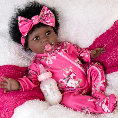 Aori Lifelike Black Reborn Baby Dolls - 22" Black American Newborn Doll with Cloth Body, Feeding Kit & Gift Box - Realistic Girl Babies for Kids 3+