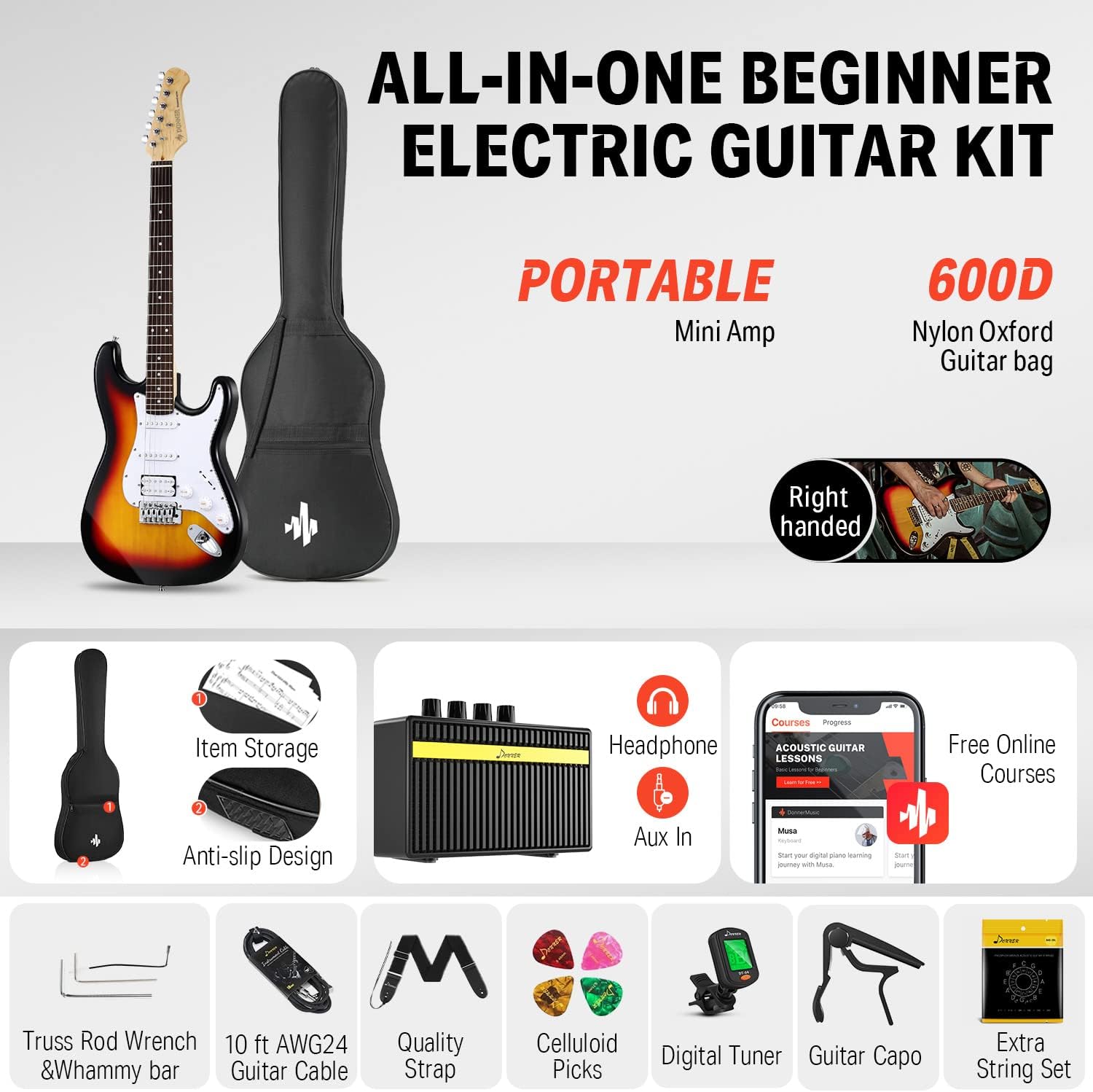 Donner DST-100S 39 Inch Full Size Electric Guitar Kit with Audio Interface I41837
