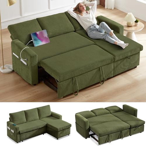 81" Sleeper Sofa Bed with Pull Out Bed, L Shaped Couch Sectional Sleeper Sofa, Pull Out Couch with Reclining Backrest, Reversible Storage Chaise, USB Ports, Tool-Free Assembly, Corduroy Green