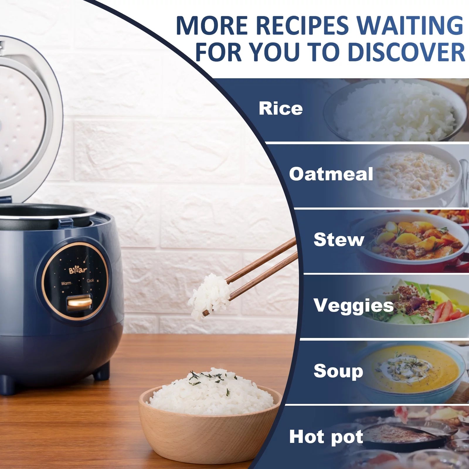BEAR Rice Cooker 2 Cups Uncooked, Removable Nonstick Pot, One Touch Keep Warm, Blue A383
