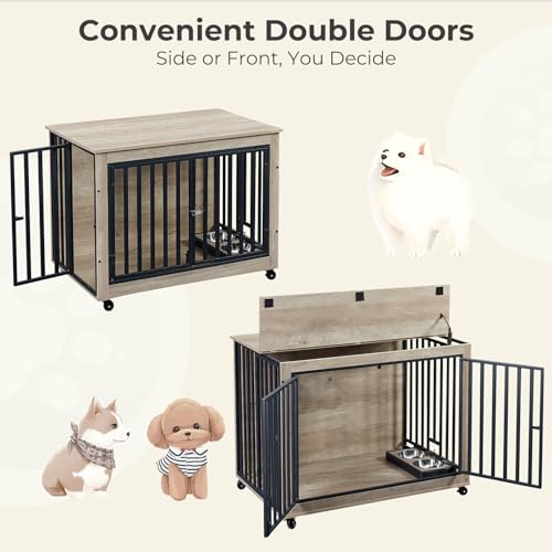 Dog Crate Furniture with Pull-Out Bowls, Heavy Duty Wooden Kennel, Grey F410