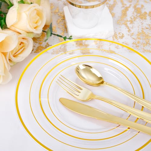 bUCLA 300PCS Gold Disposable Dinnerware Set - White and Gold Plastic Plates for Party S185