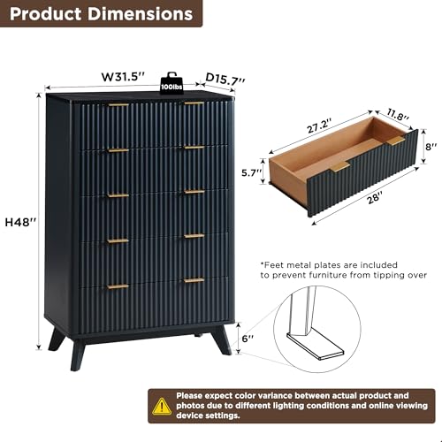 T4TREAM 5 Drawer Dresser with Faux Marble Top, Dark Grey T583